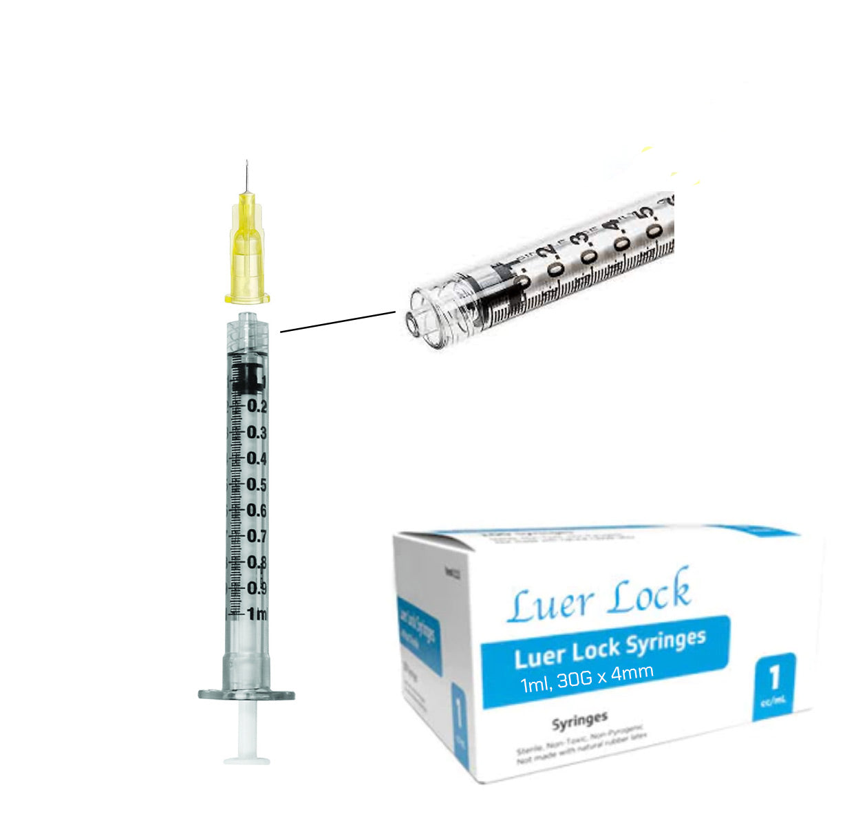 1mL, 30 Ga 4mm (5/32 Inch) Luer Lock Sterile Syringe Needle Combo (25p