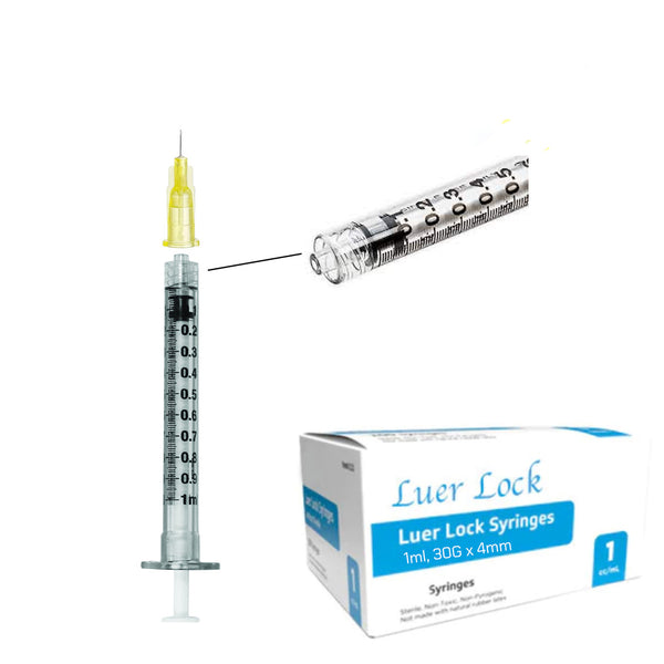 1mL, 30 Ga 4mm (5/32 Inch) Luer Lock Sterile Syringe Needle Combo (25p