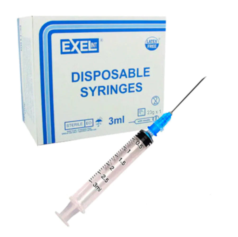 Exel 3ml, 23G x 1" Luer Lock Syringe with Removable attached Needle 25pk