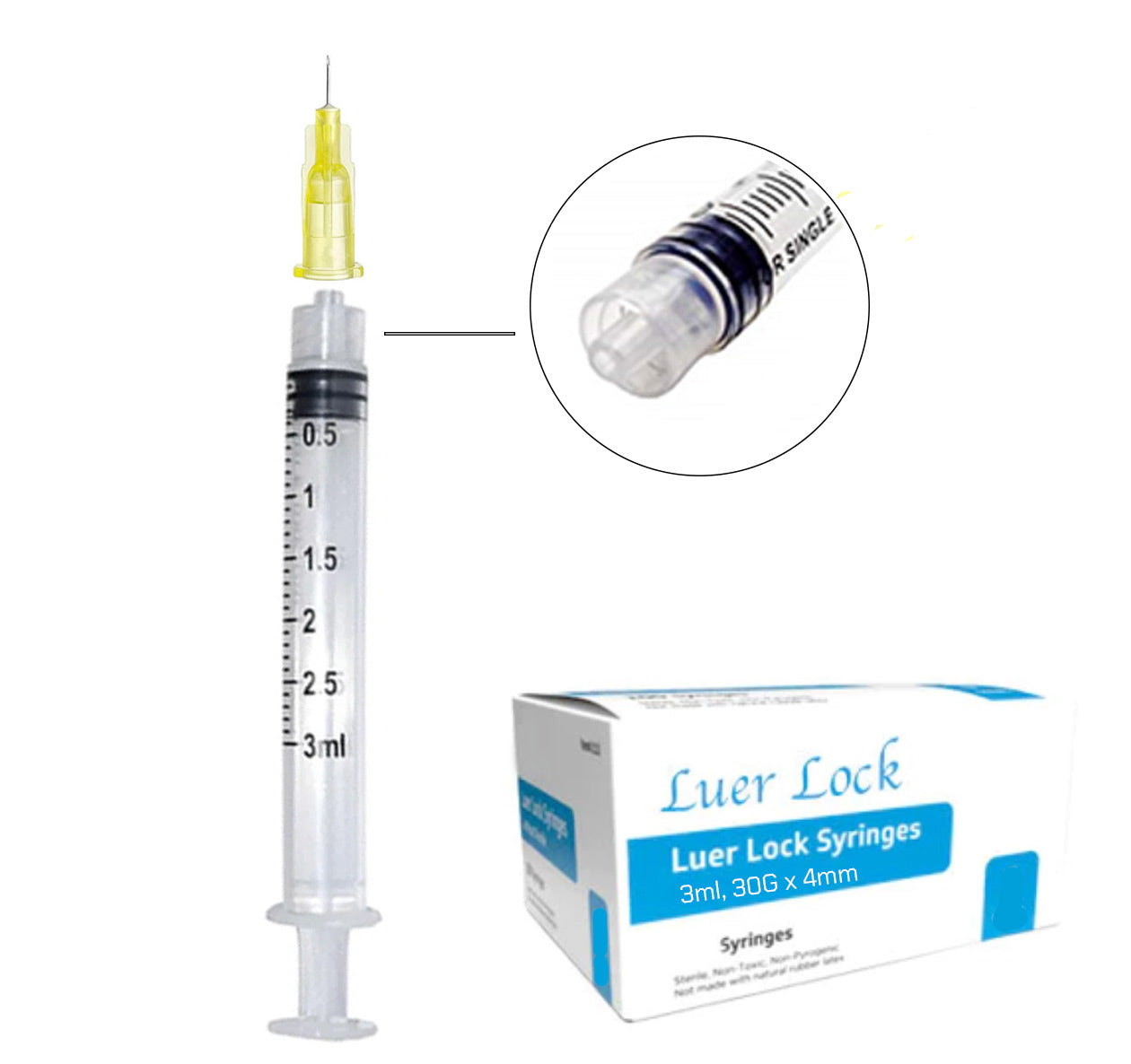 3mL, 30 Ga 4mm 5/32 Inch Luer Lock Sterile Syringe Needle Combo