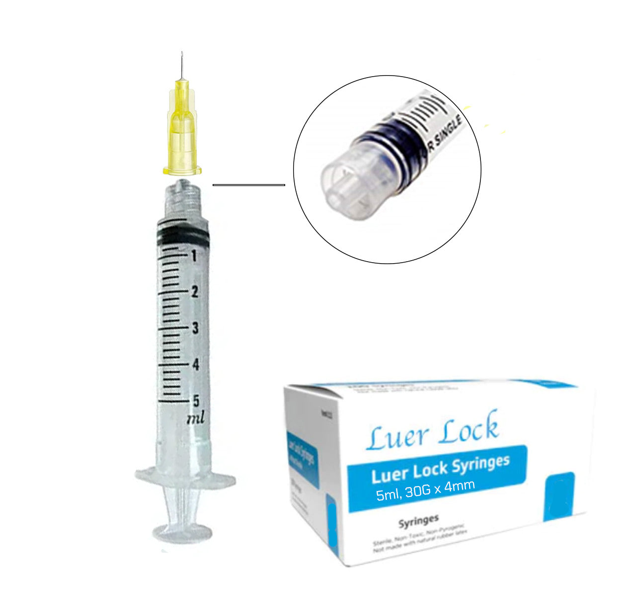 5mL, 30 Ga 4mm 5/32 Inch Luer Lock Sterile Syringe Needle Combo (25pk)